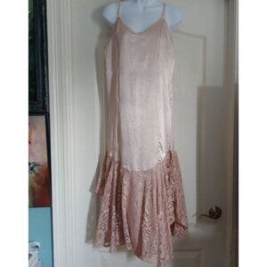 Lorrie Kabala Rose Pink Blush Satin Lace Midi Sleeveless Dress